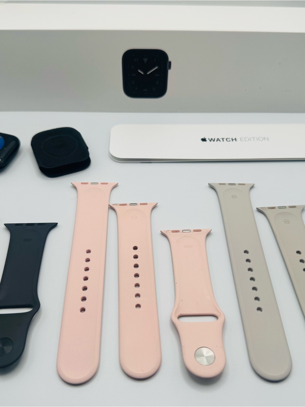 Apple Watch Series 5 44m w/ Apple Silicone Watch Bands — Pink, Gray, and Black